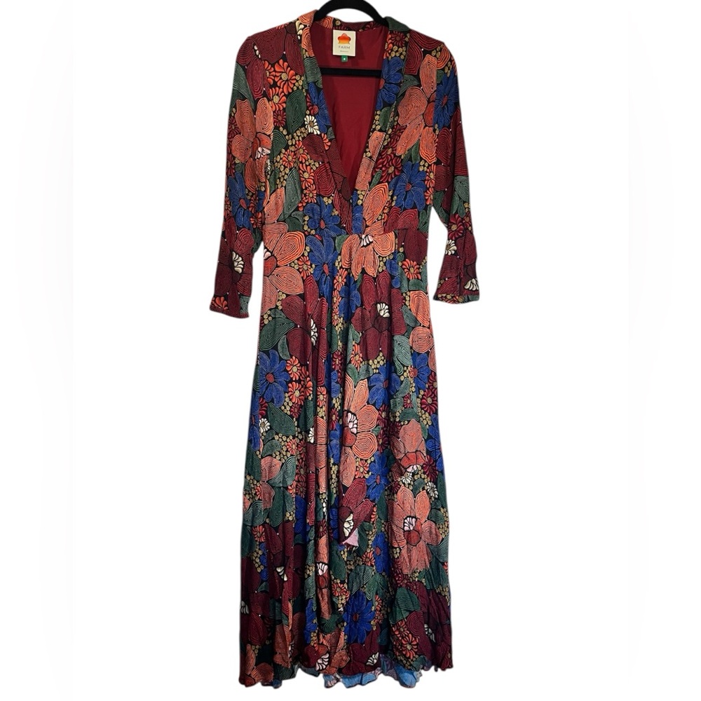 Farm Rio Stitched Flowers Floral Maxi Dress Medium Rayon Long Sleeve Boho